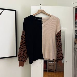 ALYA - Color Block + Cheetah Print Sweater - S